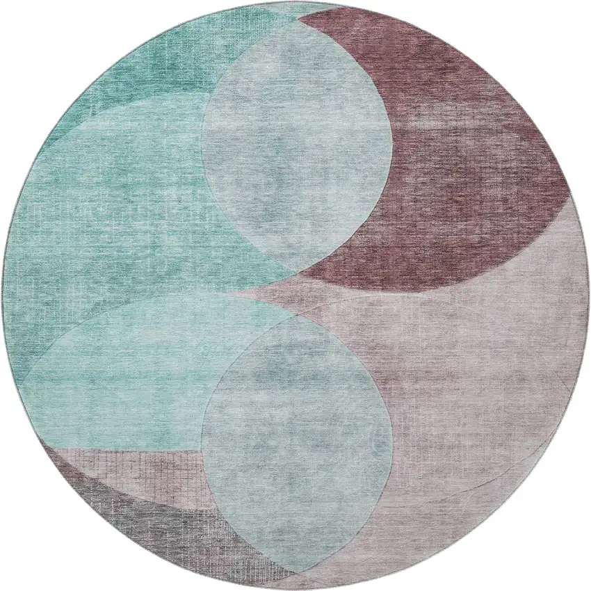 8' Teal Mauve And Blush Geometric Washable Round Rug With UV Protection Photo 2