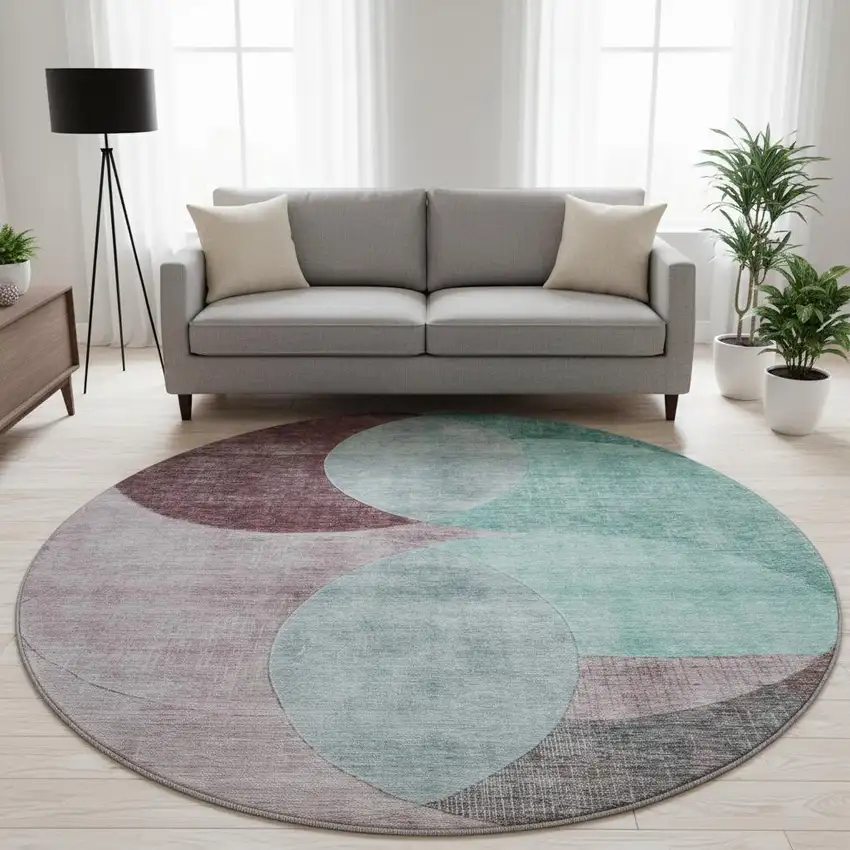 8' Teal Mauve And Blush Geometric Washable Round Rug With UV Protection Photo 2