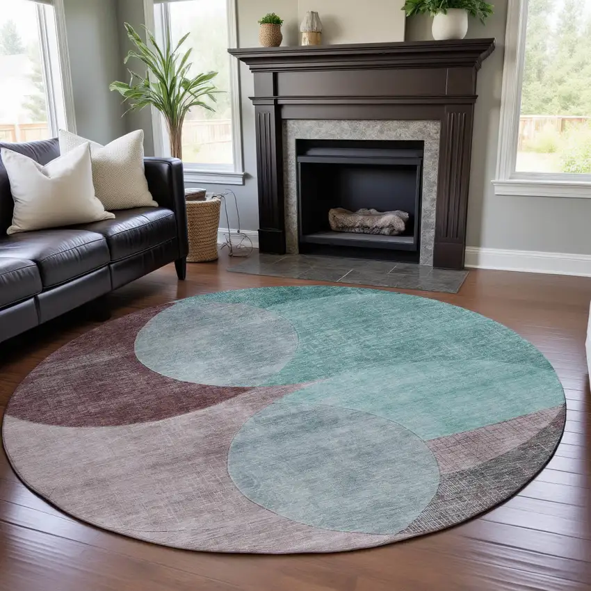 8' Teal Mauve And Blush Geometric Washable Round Rug With UV Protection Photo 3