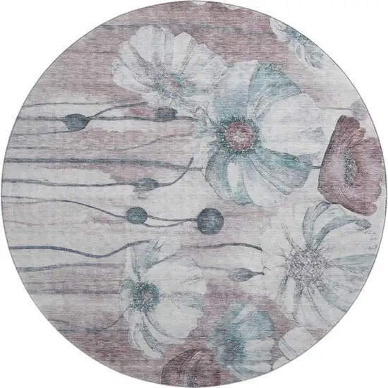 8' Teal Mauve And Ivory Floral Washable Round Rug With UV Protection Photo 1