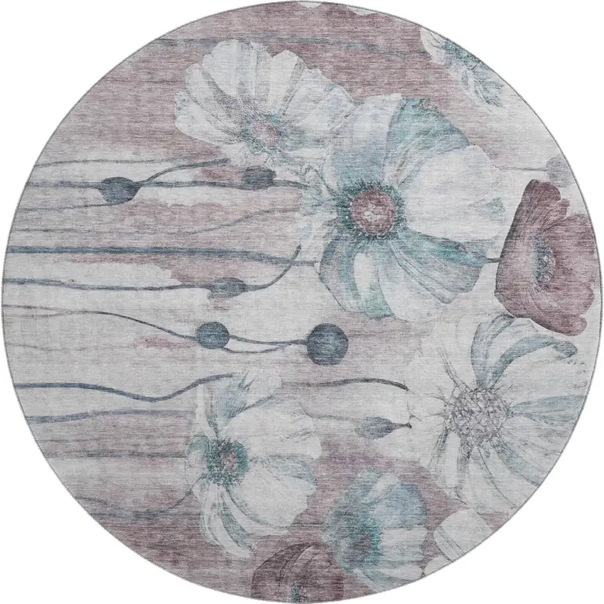 8' Teal Mauve And Ivory Floral Washable Round Rug With UV Protection Photo 1