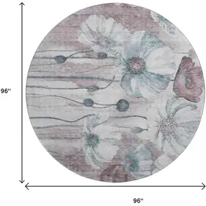 Photo of 8' Teal Mauve And Ivory Floral Washable Round Rug With UV Protection