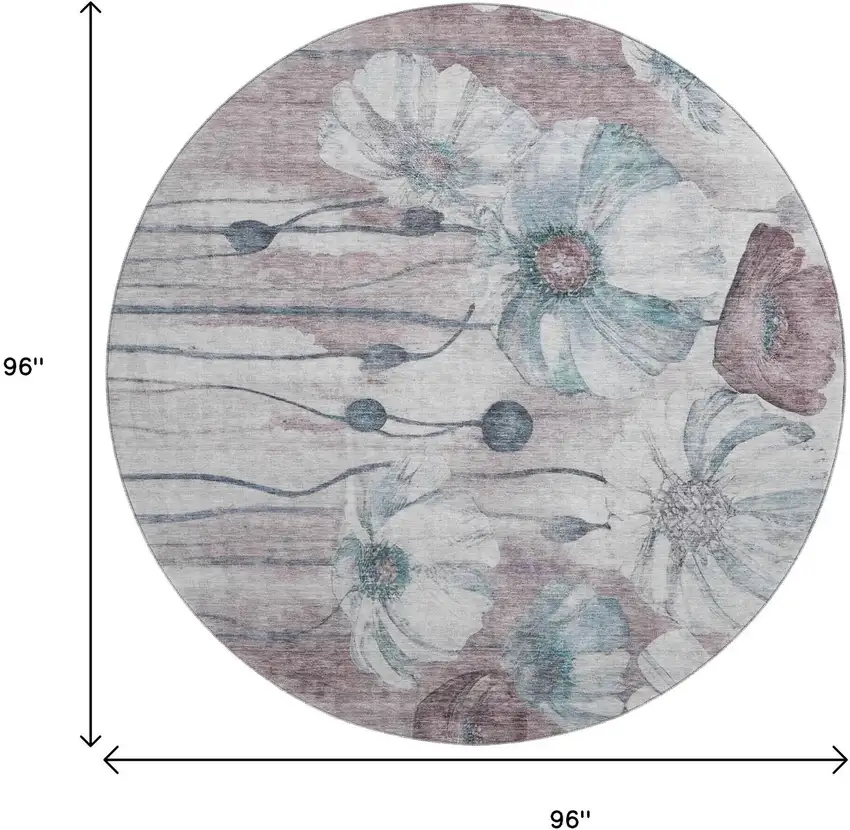 8' Teal Mauve And Ivory Floral Washable Round Rug With UV Protection Photo 4