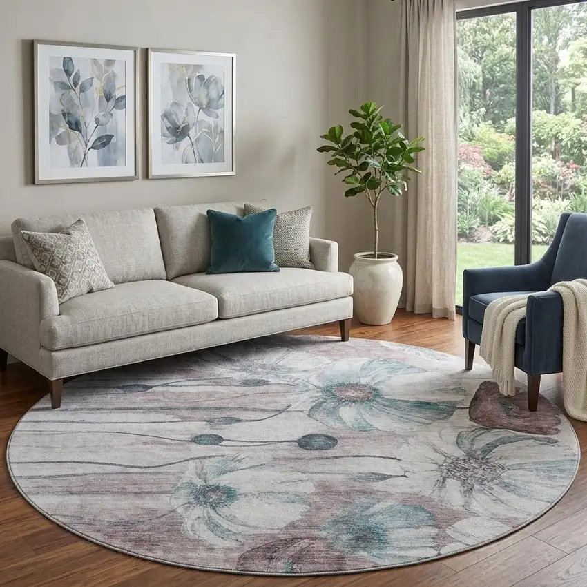 8' Teal Mauve And Ivory Floral Washable Round Rug With UV Protection Photo 1
