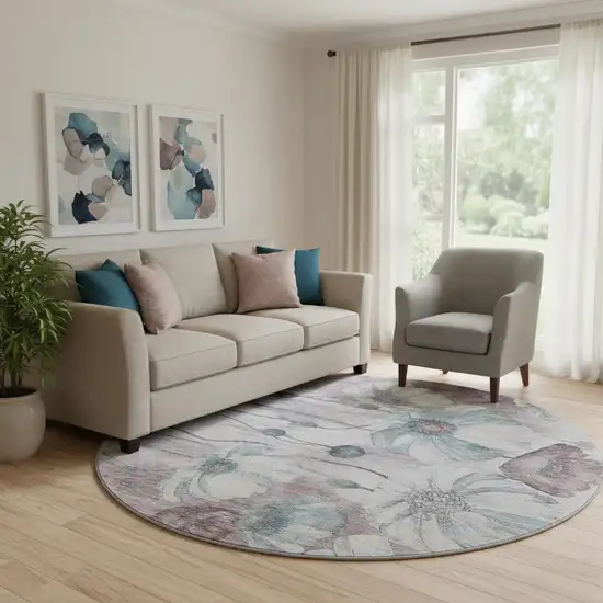 8' Teal Mauve And Ivory Floral Washable Round Rug With UV Protection Photo 1