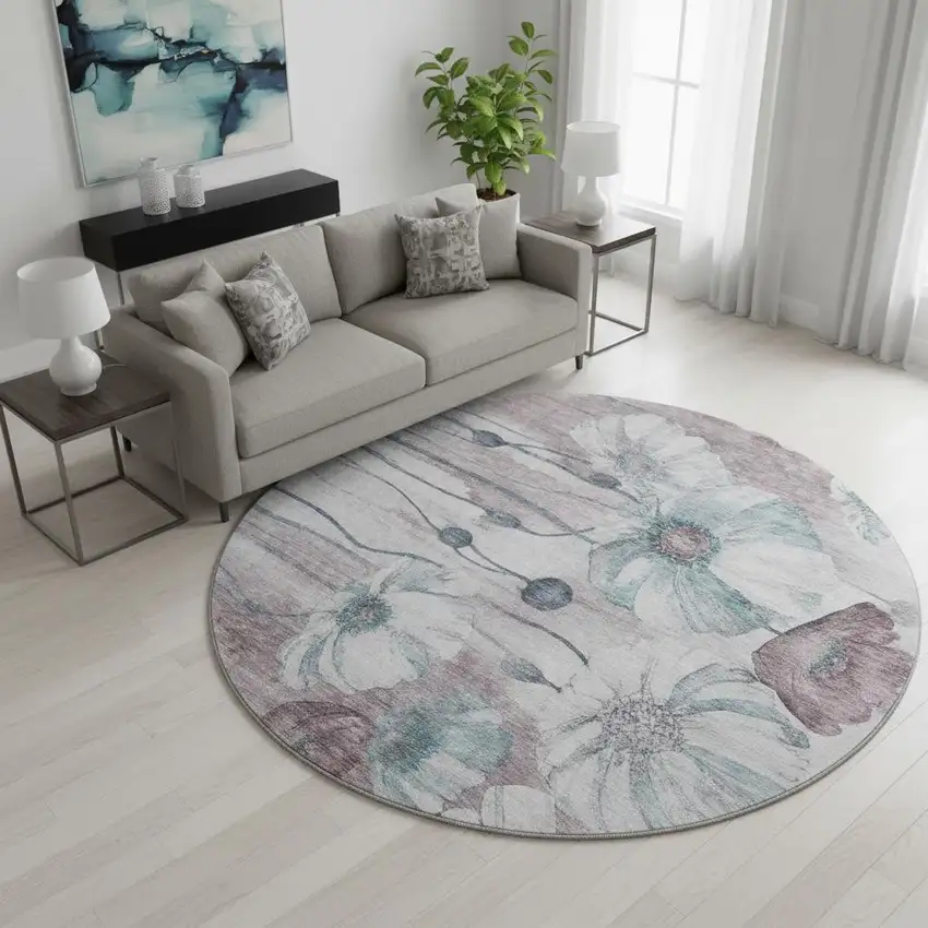 8' Teal Mauve And Ivory Floral Washable Round Rug With UV Protection Photo 2