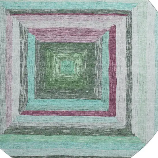 8' Teal Mauve And Ivory Geometric Washable Round Rug With UV Protection Photo 3