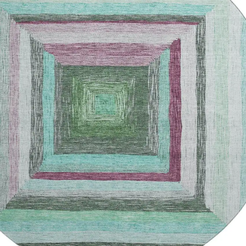 8' Teal Mauve And Ivory Geometric Washable Round Rug With UV Protection Photo 3