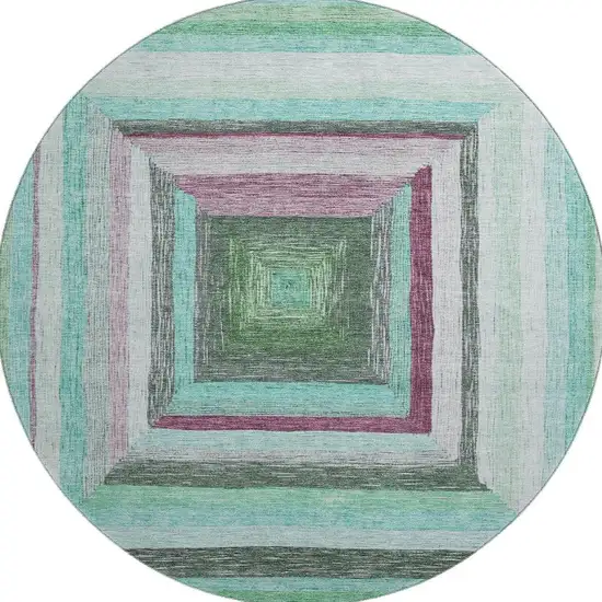 8' Teal Mauve And Ivory Geometric Washable Round Rug With UV Protection Photo 4