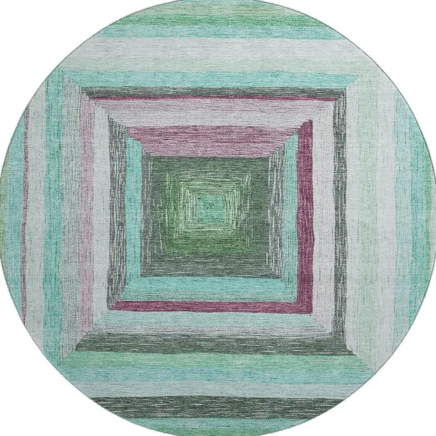 8' Teal Mauve And Ivory Geometric Washable Round Rug With UV Protection Photo 4