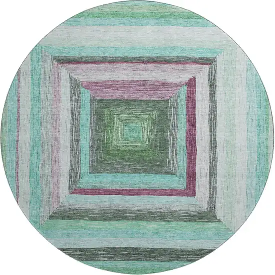 8' Teal Mauve And Ivory Geometric Washable Round Rug With UV Protection Photo 1