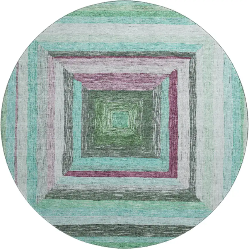 8' Teal Mauve And Ivory Geometric Washable Round Rug With UV Protection Photo 1