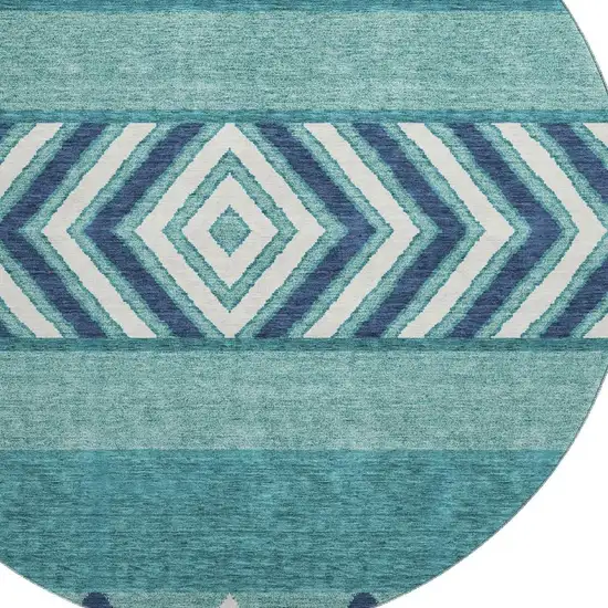 8' Teal Navy Blue And Ivory Southwestern Washable Round Rug With UV Protection Photo 2