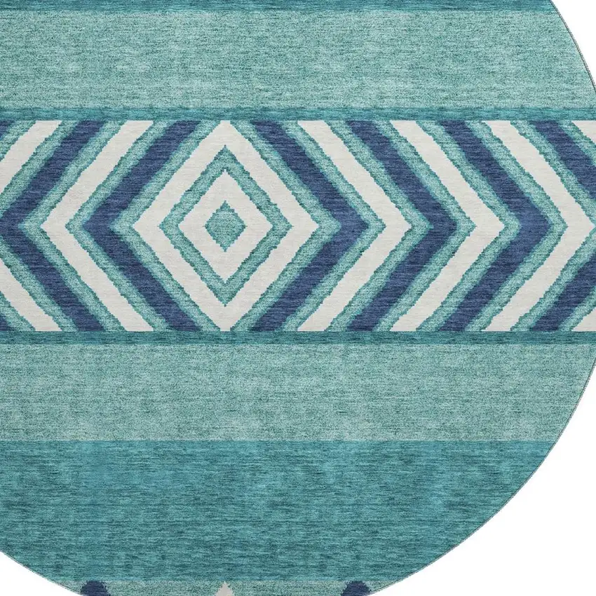 8' Teal Navy Blue And Ivory Southwestern Washable Round Rug With UV Protection Photo 2