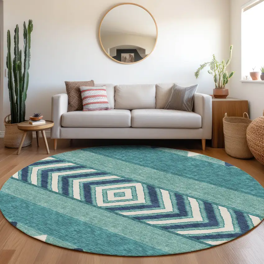 8' Teal Navy Blue And Ivory Southwestern Washable Round Rug With UV Protection Photo 4