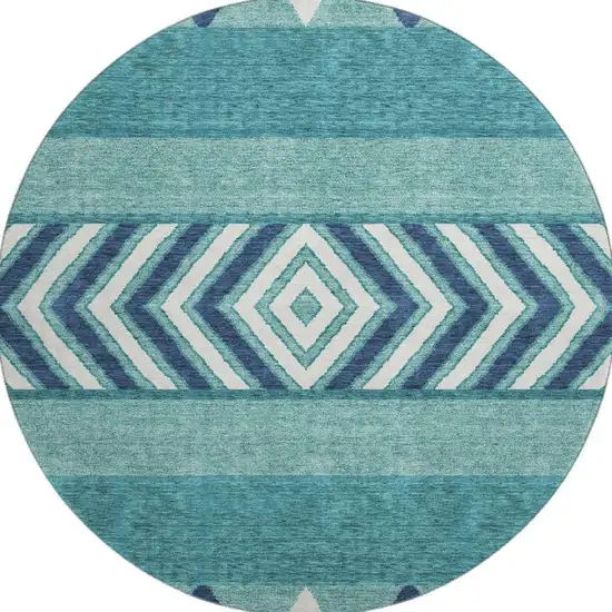 8' Teal Navy Blue And Ivory Southwestern Washable Round Rug With UV Protection Photo 3