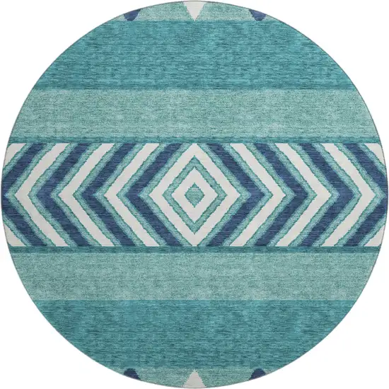 8' Teal Navy Blue And Ivory Southwestern Washable Round Rug With UV Protection Photo 1