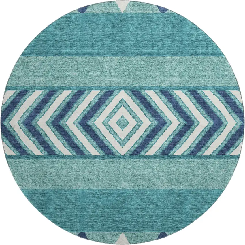 8' Teal Navy Blue And Ivory Southwestern Washable Round Rug With UV Protection Photo 1