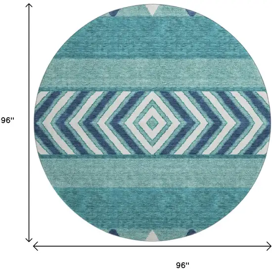 8' Teal Navy Blue And Ivory Southwestern Washable Round Rug With UV Protection Photo 9