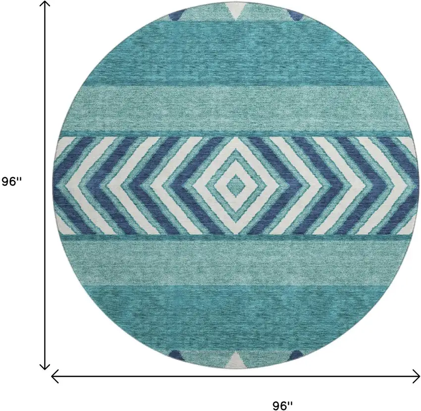 8' Teal Navy Blue And Ivory Southwestern Washable Round Rug With UV Protection Photo 9