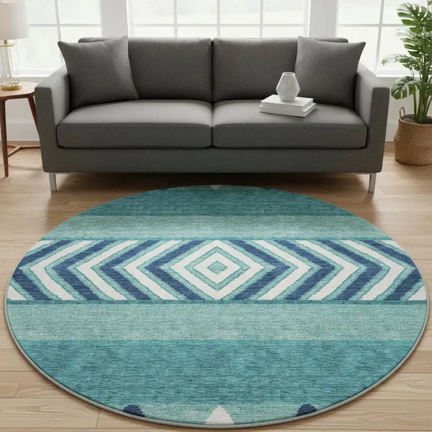 8' Teal Navy Blue And Ivory Southwestern Washable Round Rug With UV Protection Photo 2