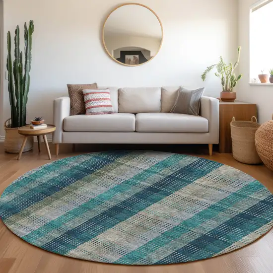 8' Teal Olive Green And Taupe Plaid Washable Round Rug With UV Protection Photo 4