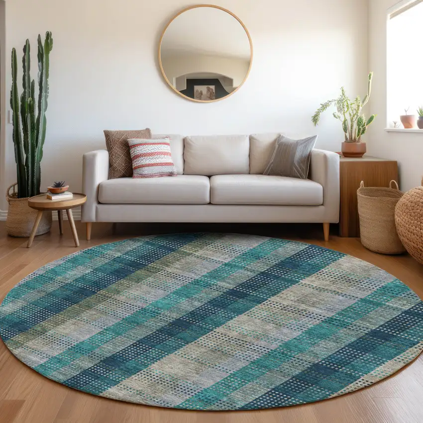 8' Teal Olive Green And Taupe Plaid Washable Round Rug With UV Protection Photo 4
