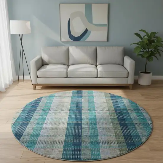 8' Teal Olive Green And Taupe Plaid Washable Round Rug With UV Protection Photo 2