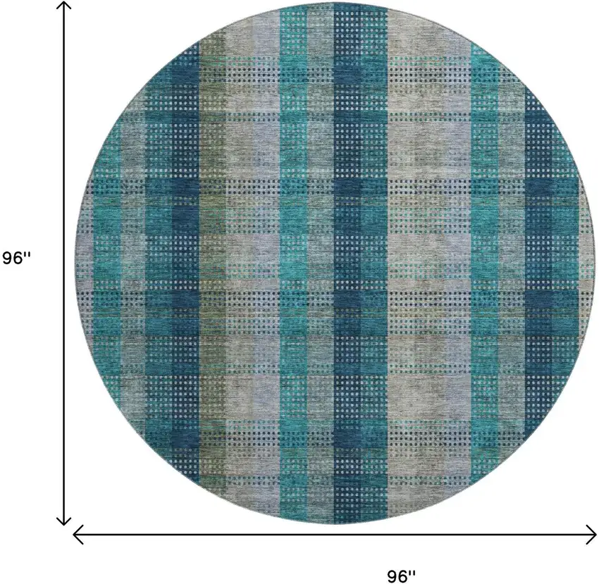 8' Teal Olive Green And Taupe Plaid Washable Round Rug With UV Protection Photo 9