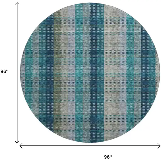 8' Teal Olive Green And Taupe Plaid Washable Round Rug With UV Protection Photo 9