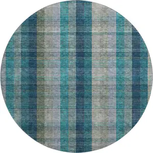 Photo of 8' Teal Olive Green And Taupe Plaid Washable Round Rug With UV Protection