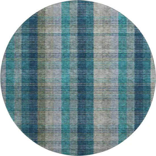 8' Teal Olive Green And Taupe Plaid Washable Round Rug With UV Protection Photo 1