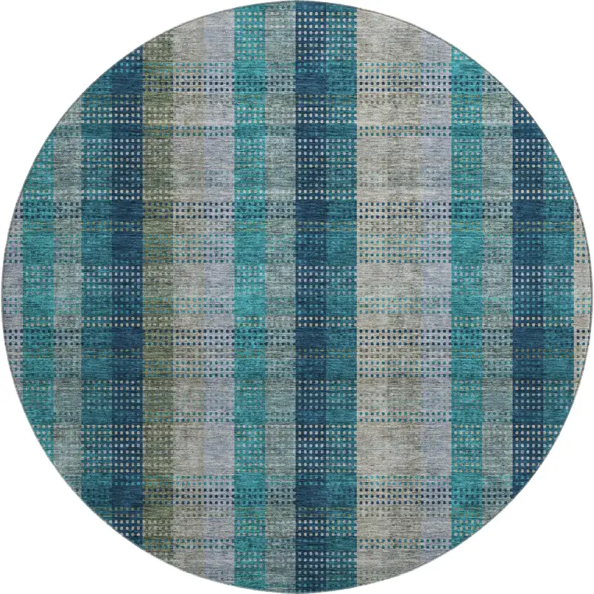8' Teal Olive Green And Taupe Plaid Washable Round Rug With UV Protection Photo 1
