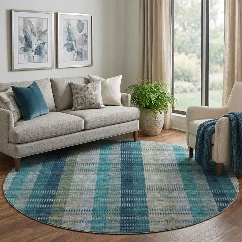 8' Teal Olive Green And Taupe Plaid Washable Round Rug With UV Protection Photo 1