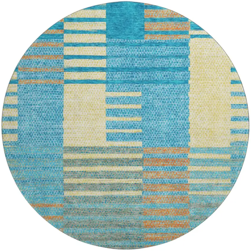 8' Teal Orange And Gold Striped Washable Round Rug With UV Protection Photo 2