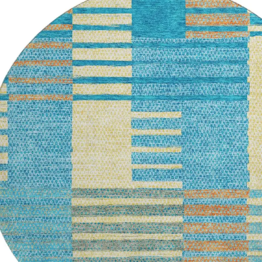 8' Teal Orange And Gold Striped Washable Round Rug With UV Protection Photo 2