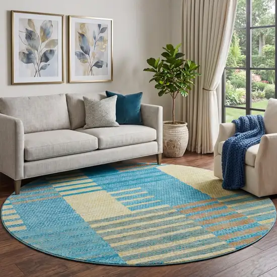 8' Teal Orange And Gold Striped Washable Round Rug With UV Protection Photo 1