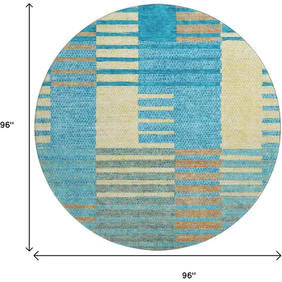 8' Teal Orange And Gold Striped Washable Round Rug With UV Protection Photo 9
