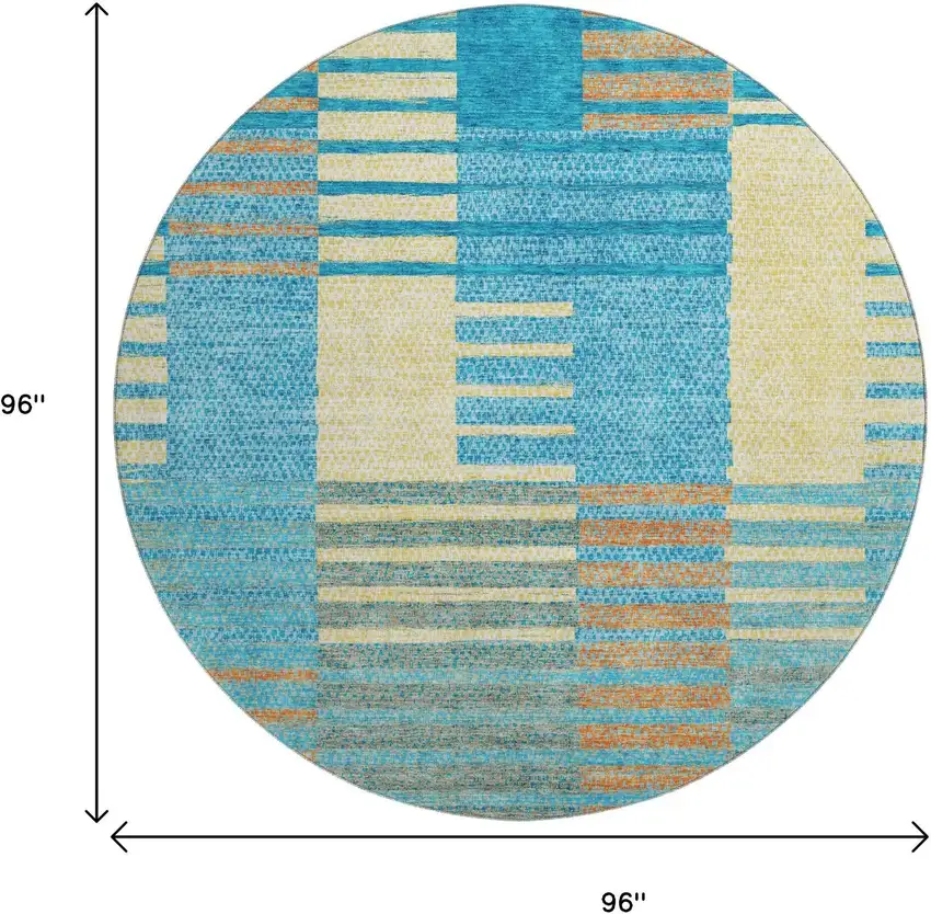 8' Teal Orange And Gold Striped Washable Round Rug With UV Protection Photo 9