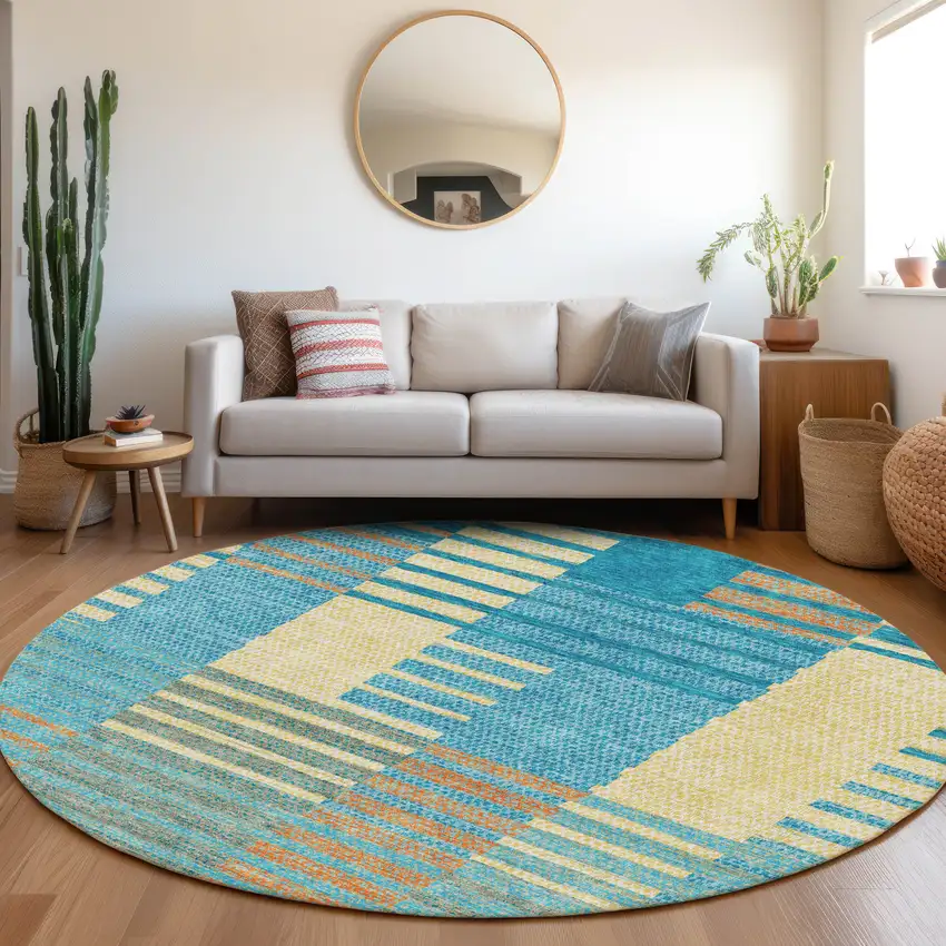 8' Teal Orange And Gold Striped Washable Round Rug With UV Protection Photo 4