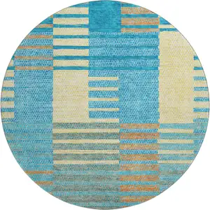 Photo of 8' Teal Orange And Gold Striped Washable Round Rug With UV Protection