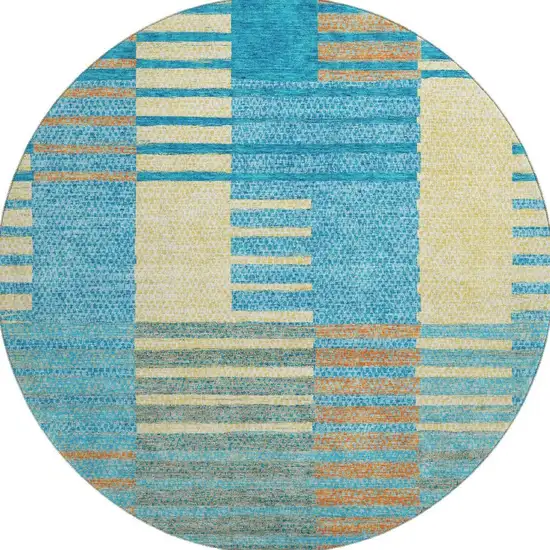 8' Teal Orange And Gold Striped Washable Round Rug With UV Protection Photo 3