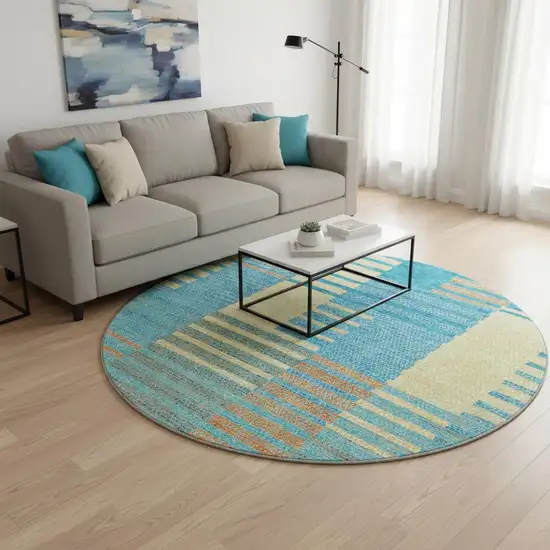 8' Teal Orange And Gold Striped Washable Round Rug With UV Protection Photo 2