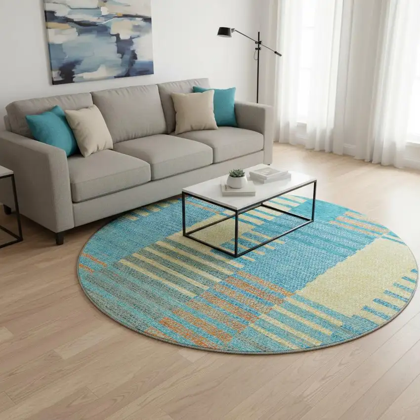 8' Teal Orange And Gold Striped Washable Round Rug With UV Protection Photo 2