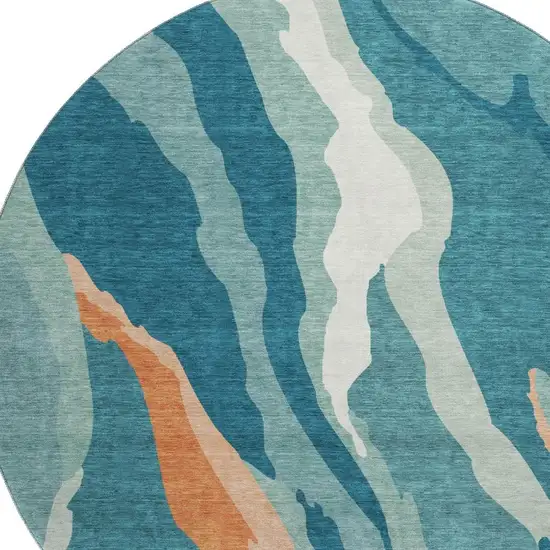 8' Teal Orange And Ivory Abstract Washable Round Rug With UV Protection Photo 2