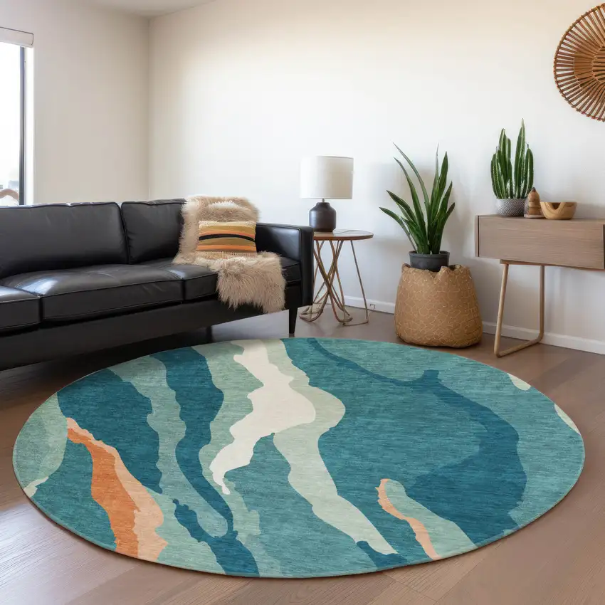 8' Teal Orange And Ivory Abstract Washable Round Rug With UV Protection Photo 4