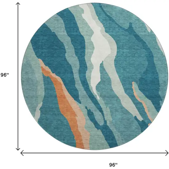 8' Teal Orange And Ivory Abstract Washable Round Rug With UV Protection Photo 9