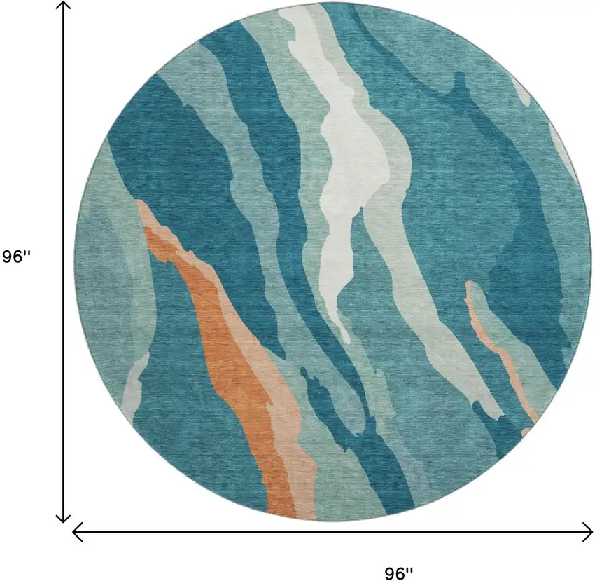 8' Teal Orange And Ivory Abstract Washable Round Rug With UV Protection Photo 9