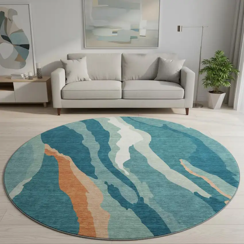8' Teal Orange And Ivory Abstract Washable Round Rug With UV Protection Photo 2
