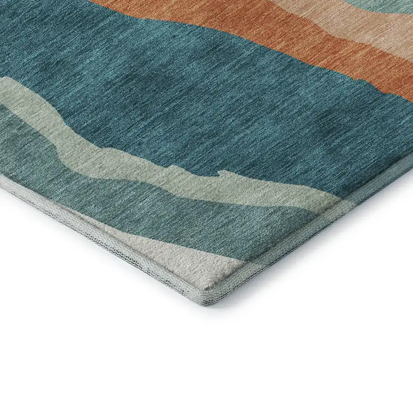 8' Teal Orange And Ivory Abstract Washable Round Rug With UV Protection Photo 6